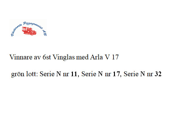 Vinnare av 6st Vinglas med Arla V 17 grön lott: Serie N nr 11, Serie N nr 17, Serie N nr 32
